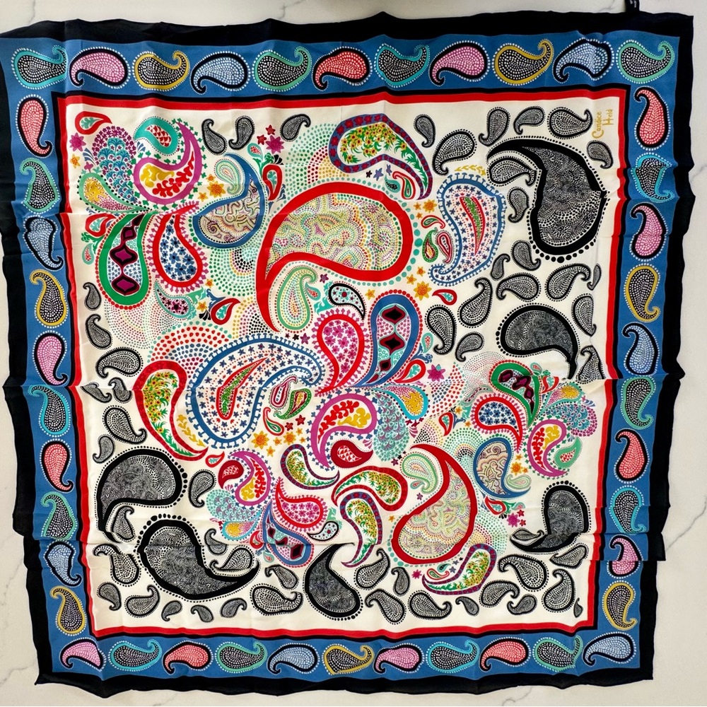 Candice Held 100% Silk 35” scarf. Multicolored. paisley design